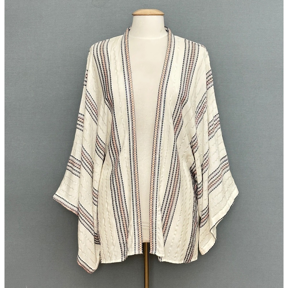 Sim Sam Womens Top M Ivory Blue Multi Lurex Striped Kimono Open Boho Festival